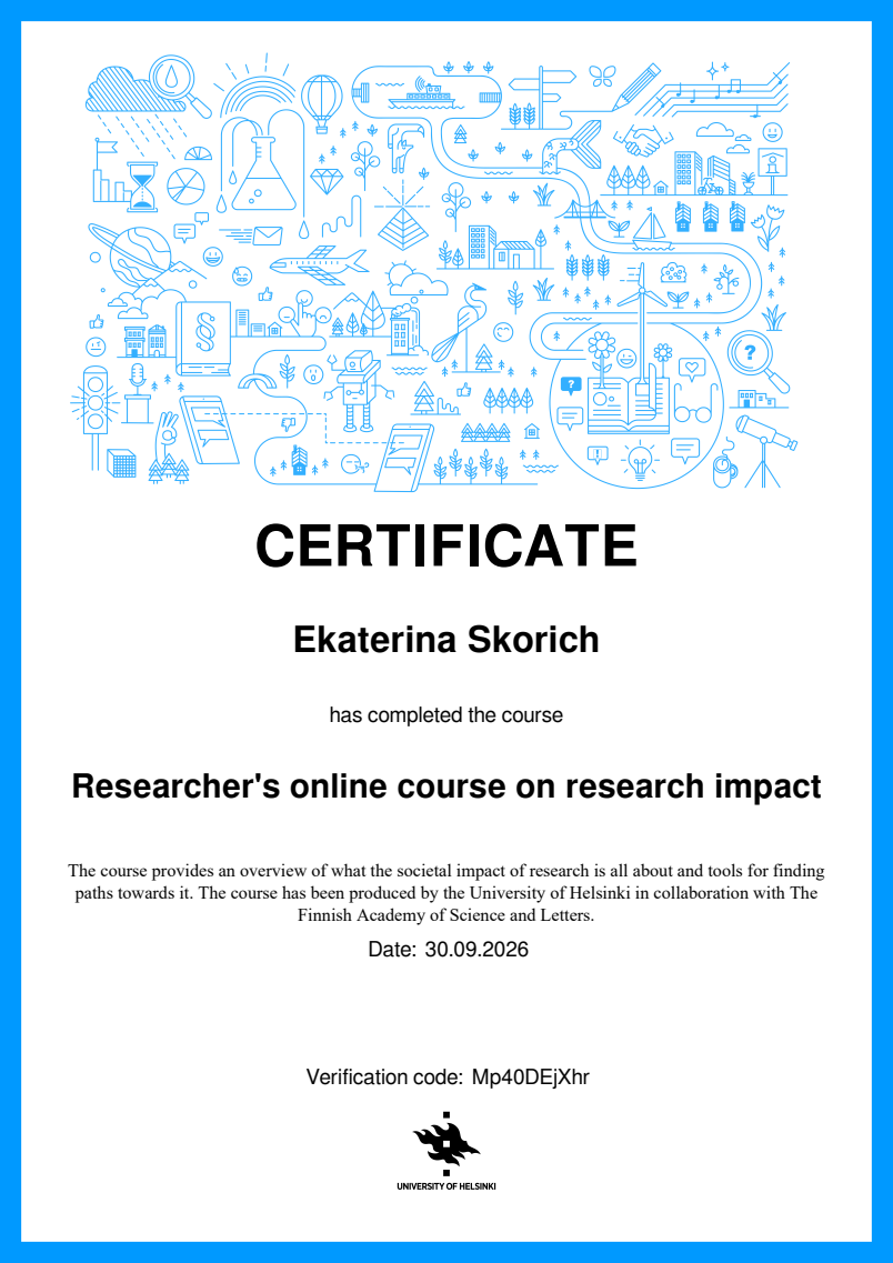 Сертификат University of Helsinki о прохождении курса Researcher's online course on research impact, 30 сентября 2026 года